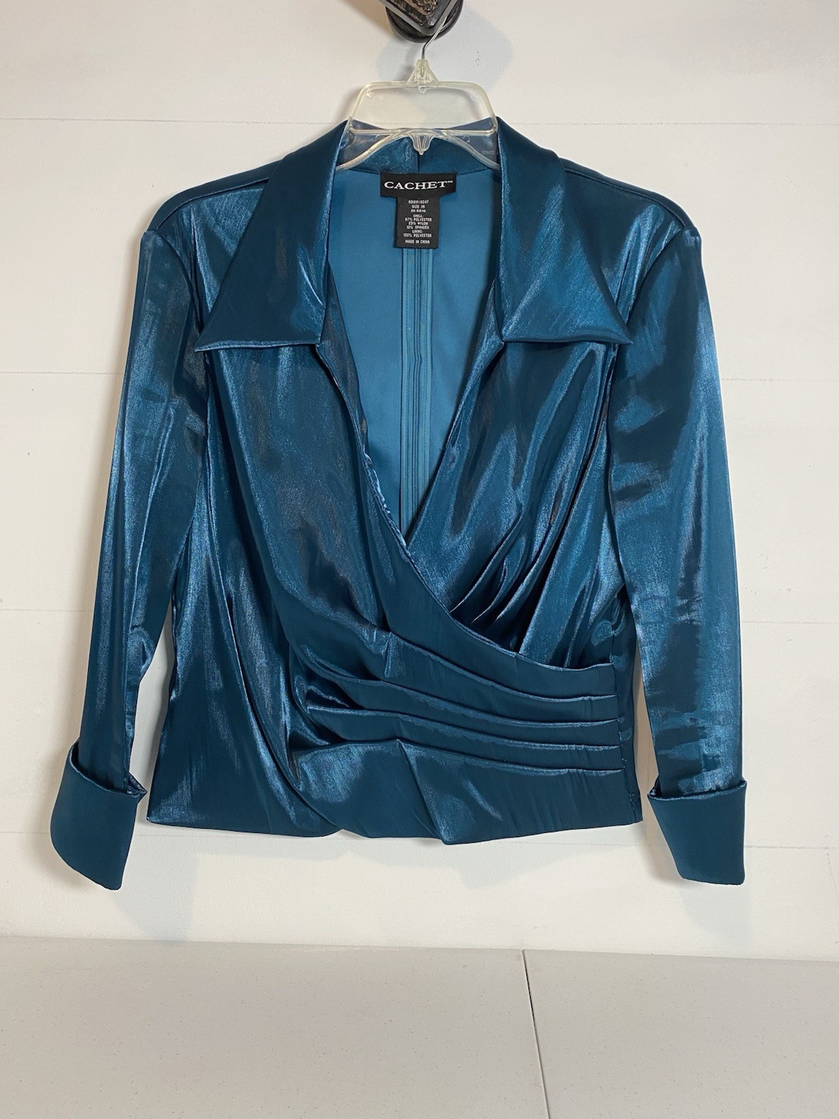 Vtg Cachet Peacock Blue Liquid Satin Blouse Ruched Portrait Collar Holiday Glam