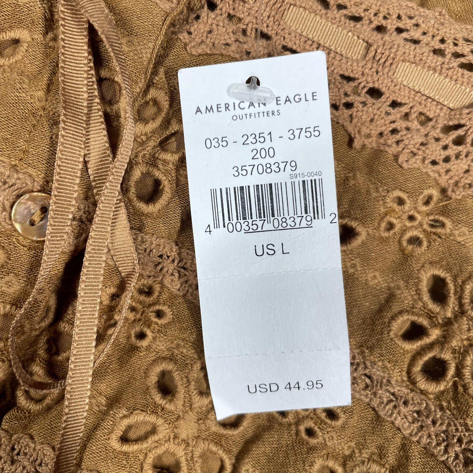 American Eagle Shirt Womens Large Brown Boho Peasant Lace Eyelet Top Blouse