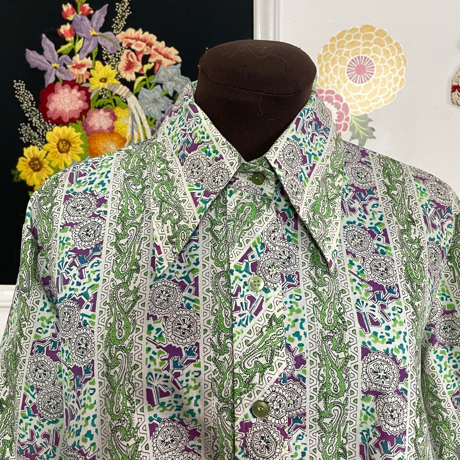 Vintage Dagger Collar Blouse, 1970s Purple & Green Abstract Print Top Sz XL