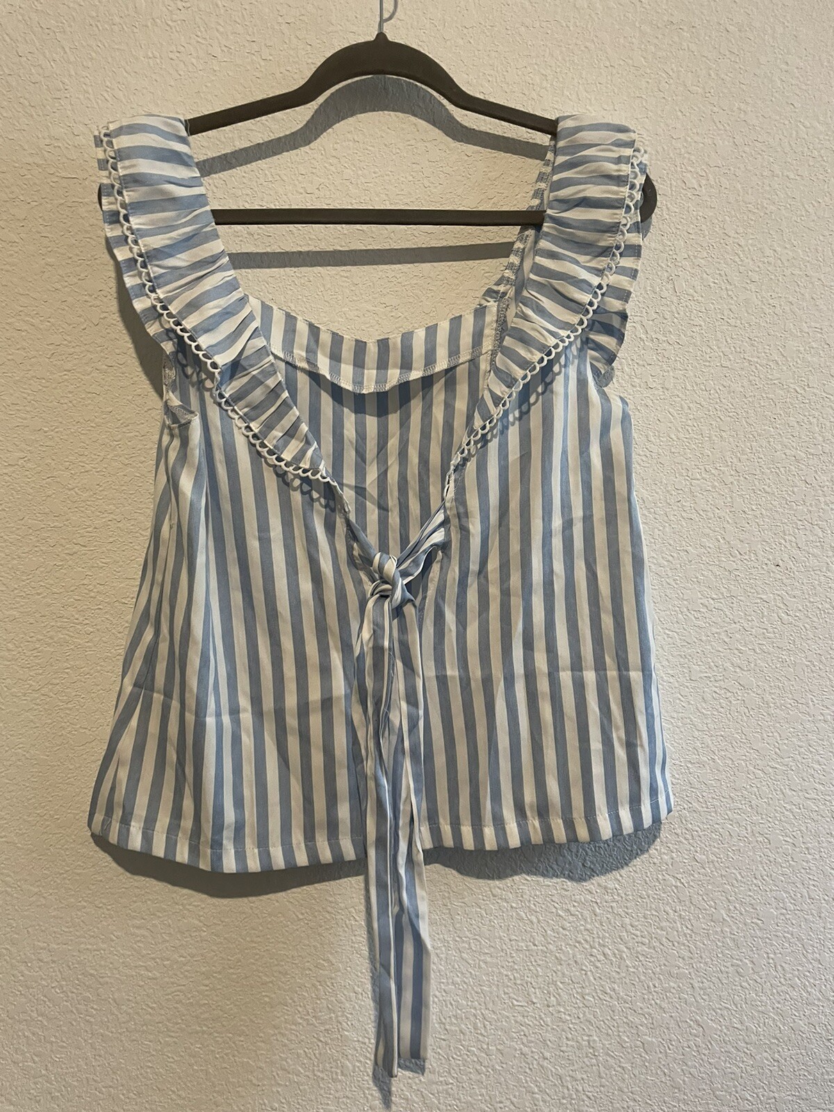 Women Blue Striped Tie Back Ruffle Trim Top Size Large Bar None Country Store