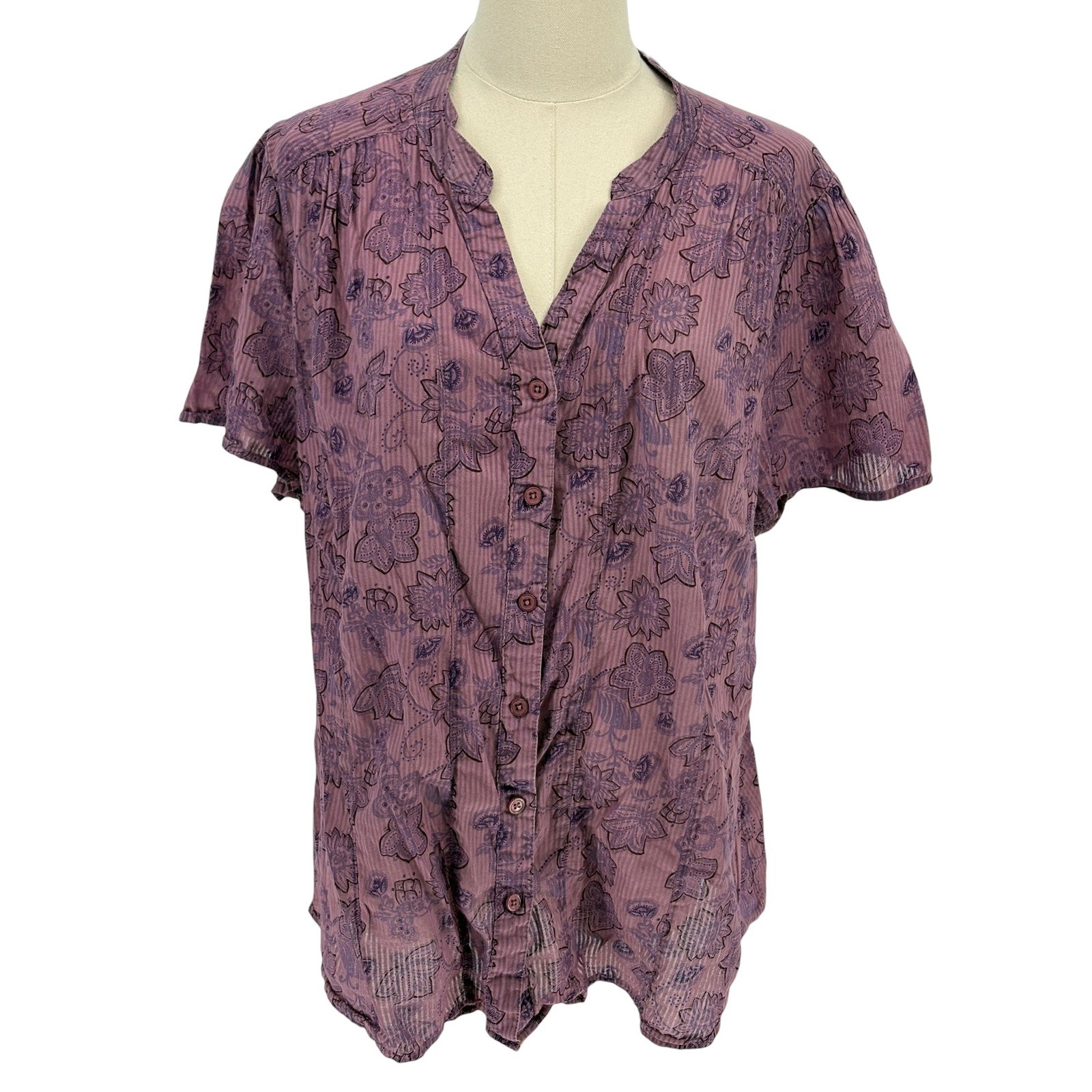Fred David Woman Blouse Purple Floral Button Up 100% Cotton 2X