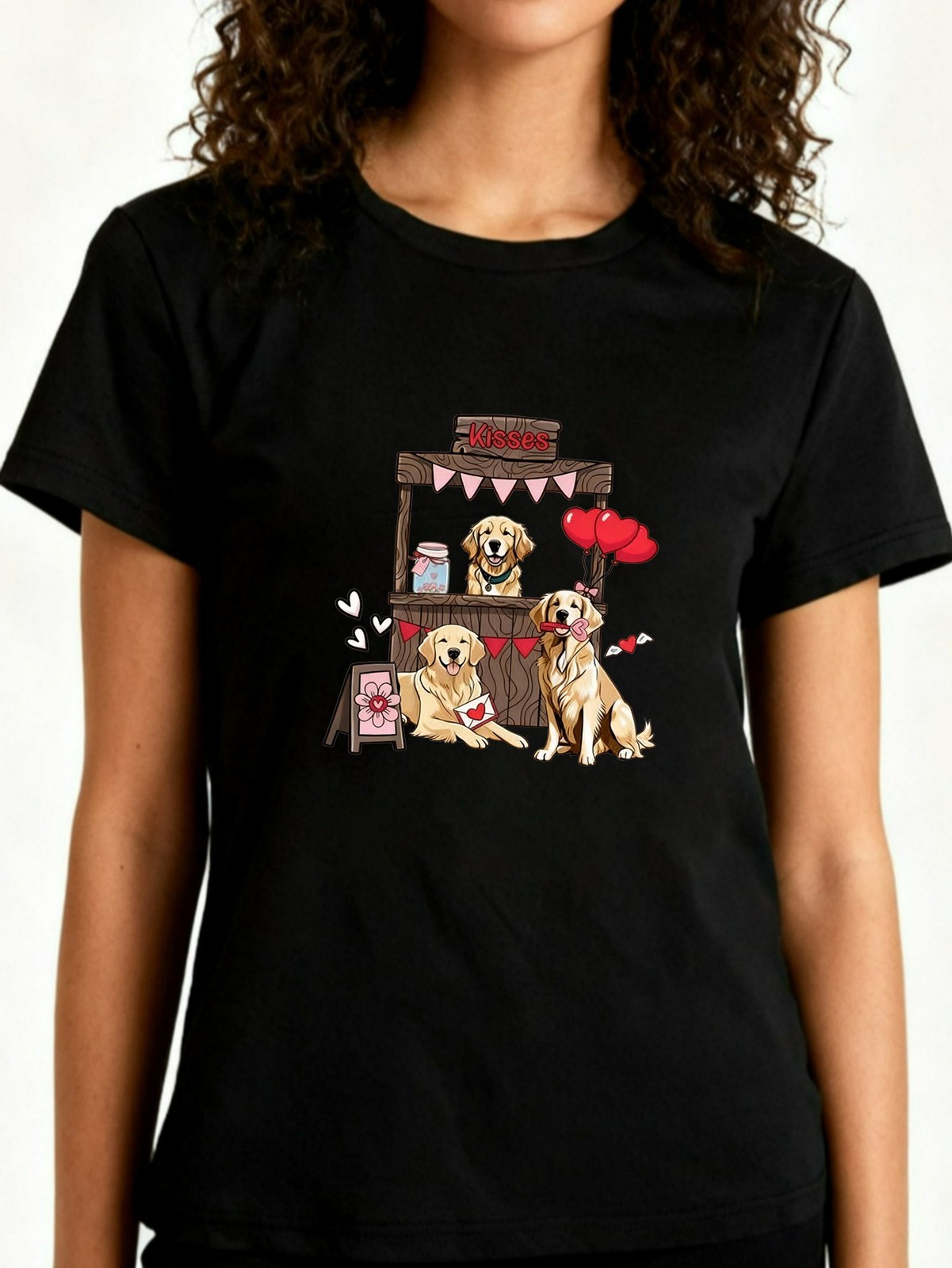 Valentine’s Day Dog Booth Graphic Tee Soft Polyester Lovely Pet Women’s T-Shirt