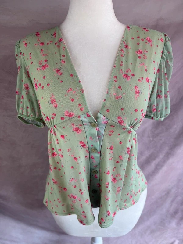 In The Style Green Floral Milkmaid Peplum Blouse Puff Sleeve UK 10