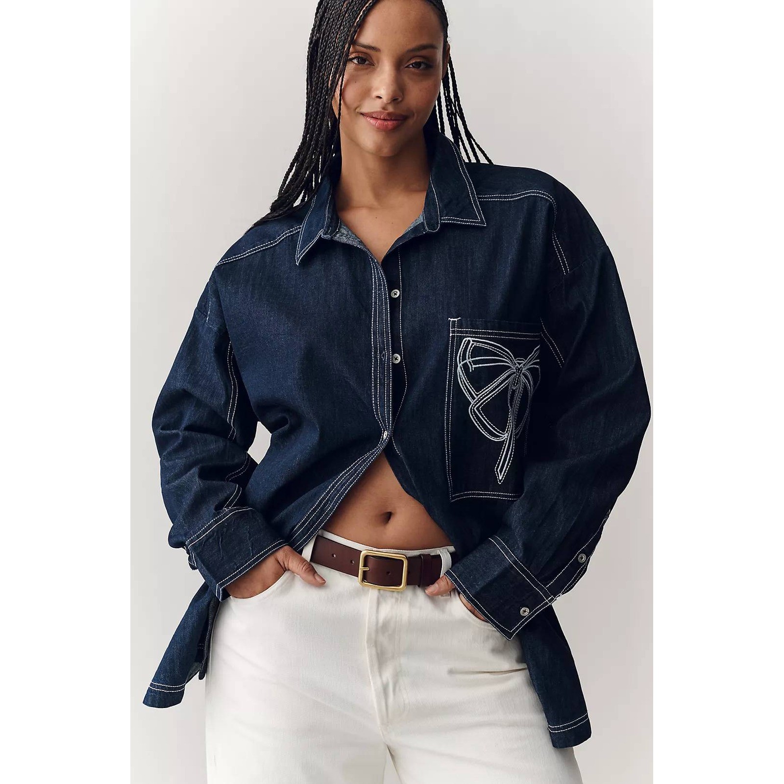 Pilcro Anthropologie Denim Bow Embroidered Oversized Button Down Shirt XL Indigo
