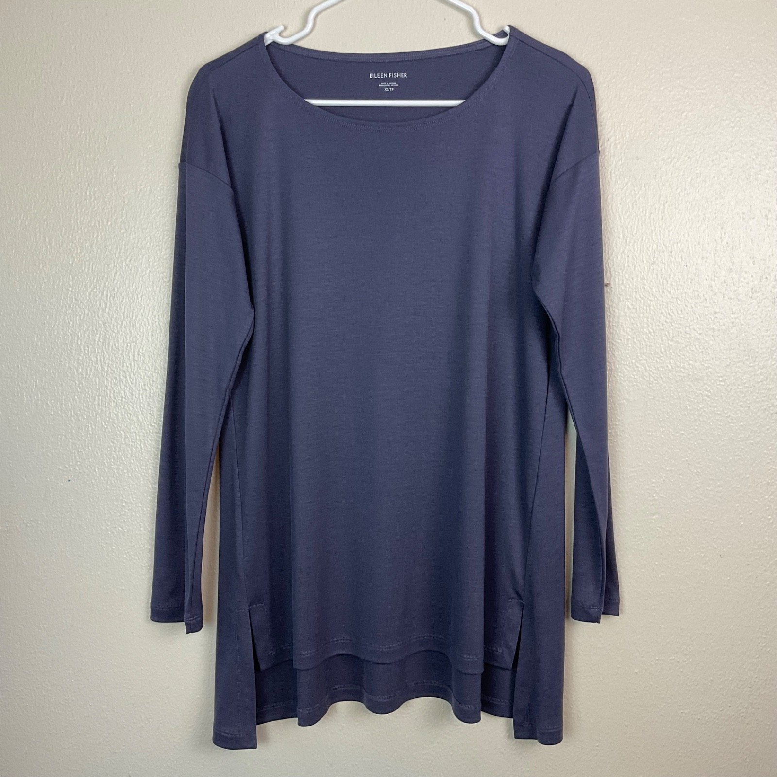 Eileen Fisher Tunic Top 100% Tencel Periwinkle Gray Boat Neck Long Sleeve Sz XS