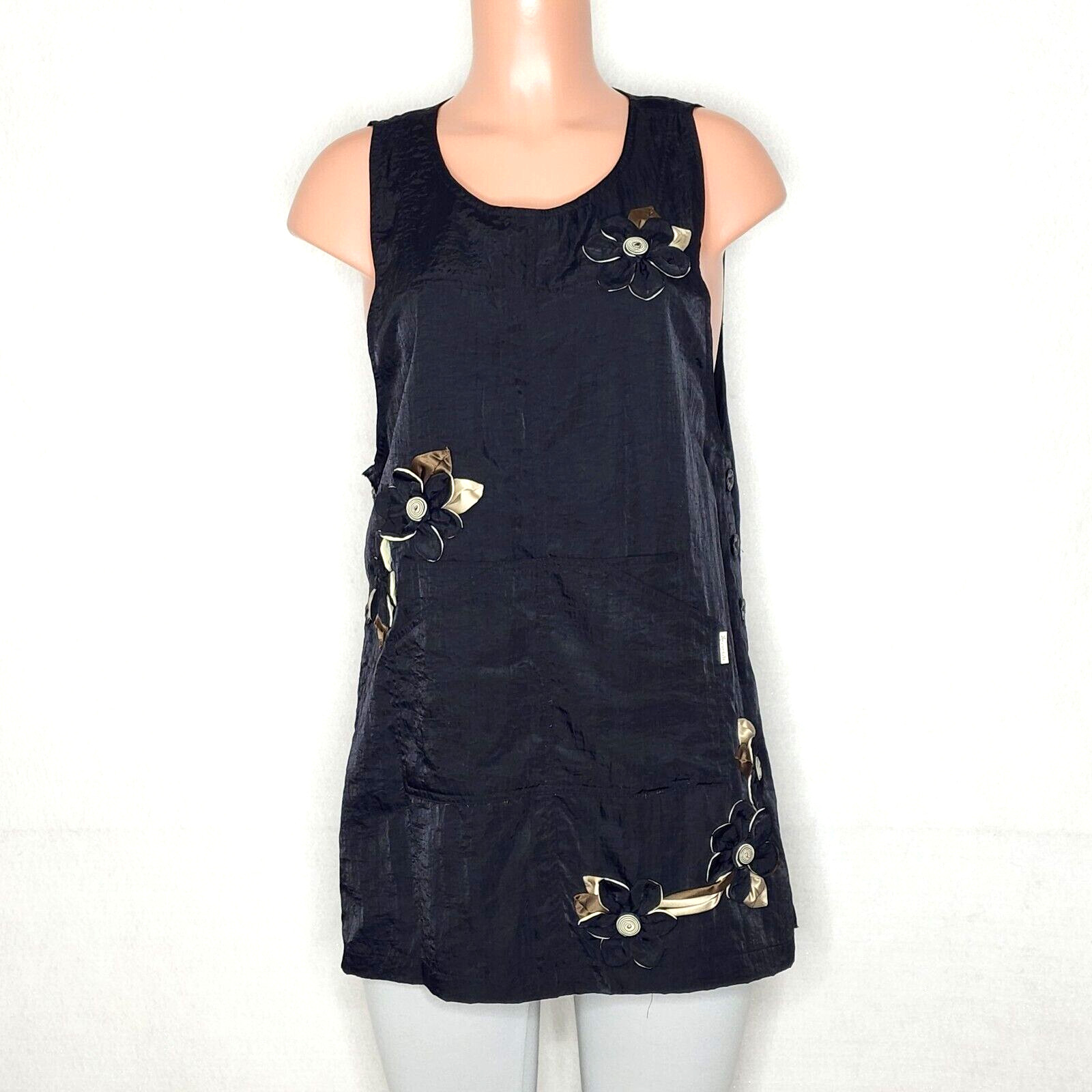 Cortile VTG Black Taffeta Tunic Top Split Button Sides Large* 3D Applique Flower