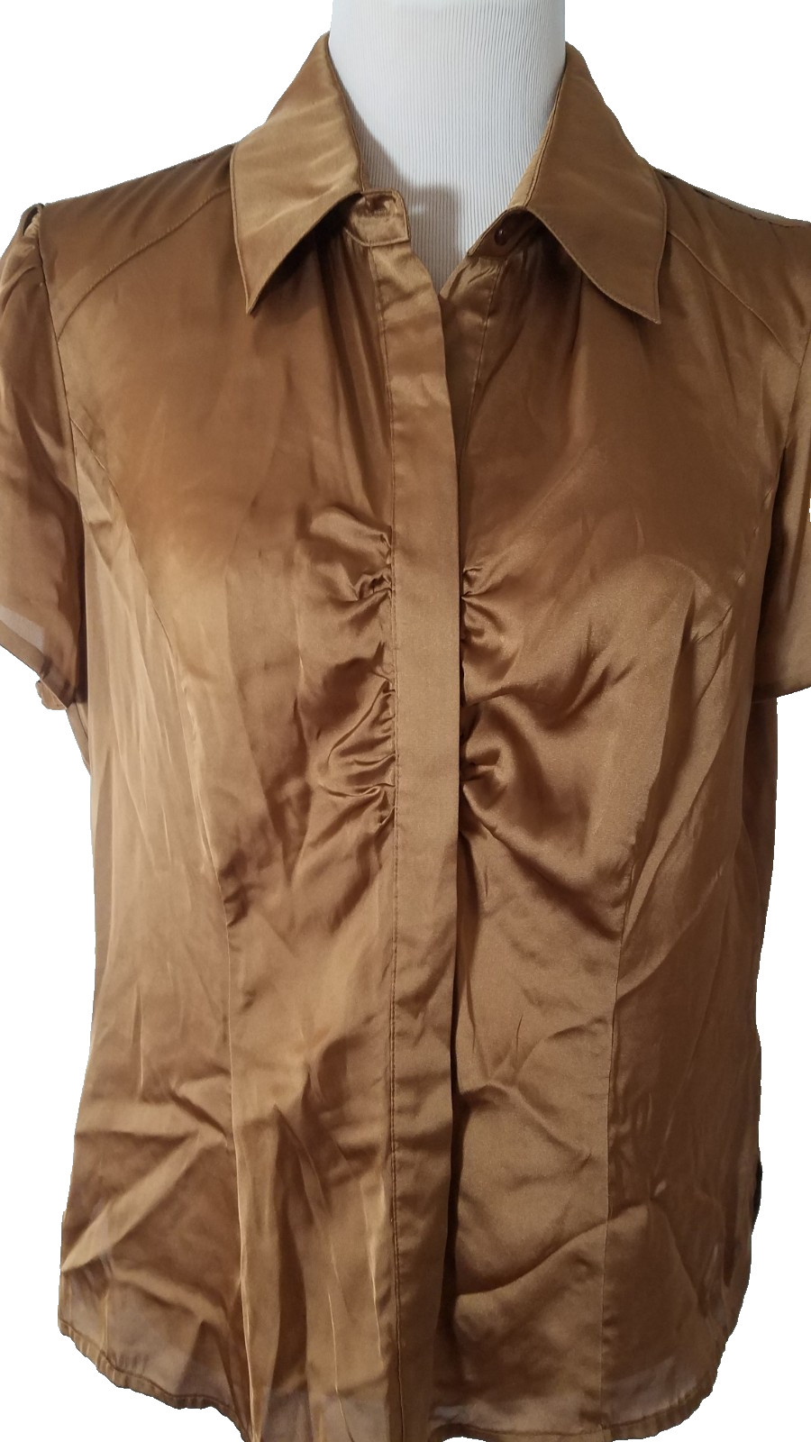 Agora Top Womens Size Large Gold Satin Button Front Short Cap Sleeves 5121