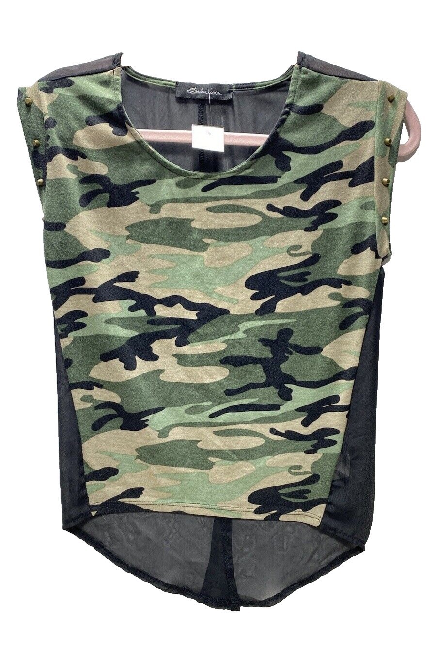 Women’s Army Tee: Green & Black Sheer Back T-Shirt with Studded Arms – Size XS