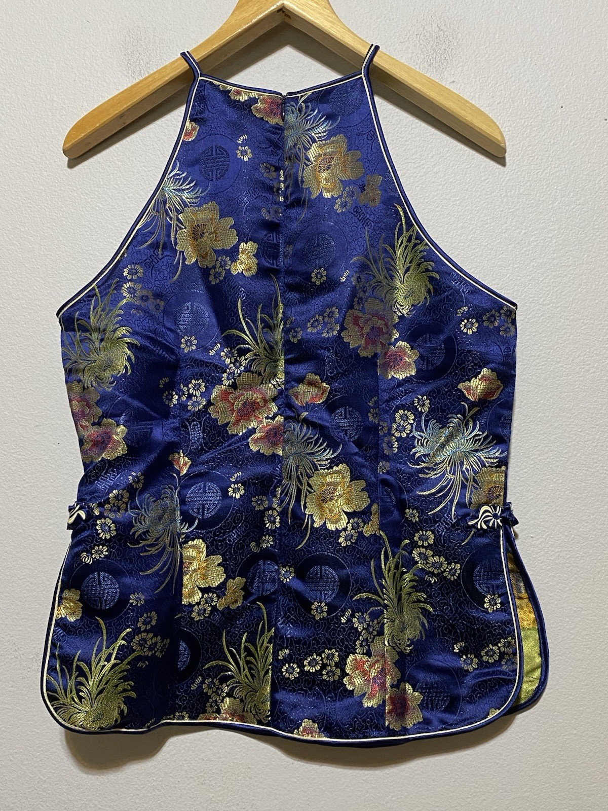 Y2K Cheongsam Floral Halter Top L/XL Silk Blend Traditional Flirty