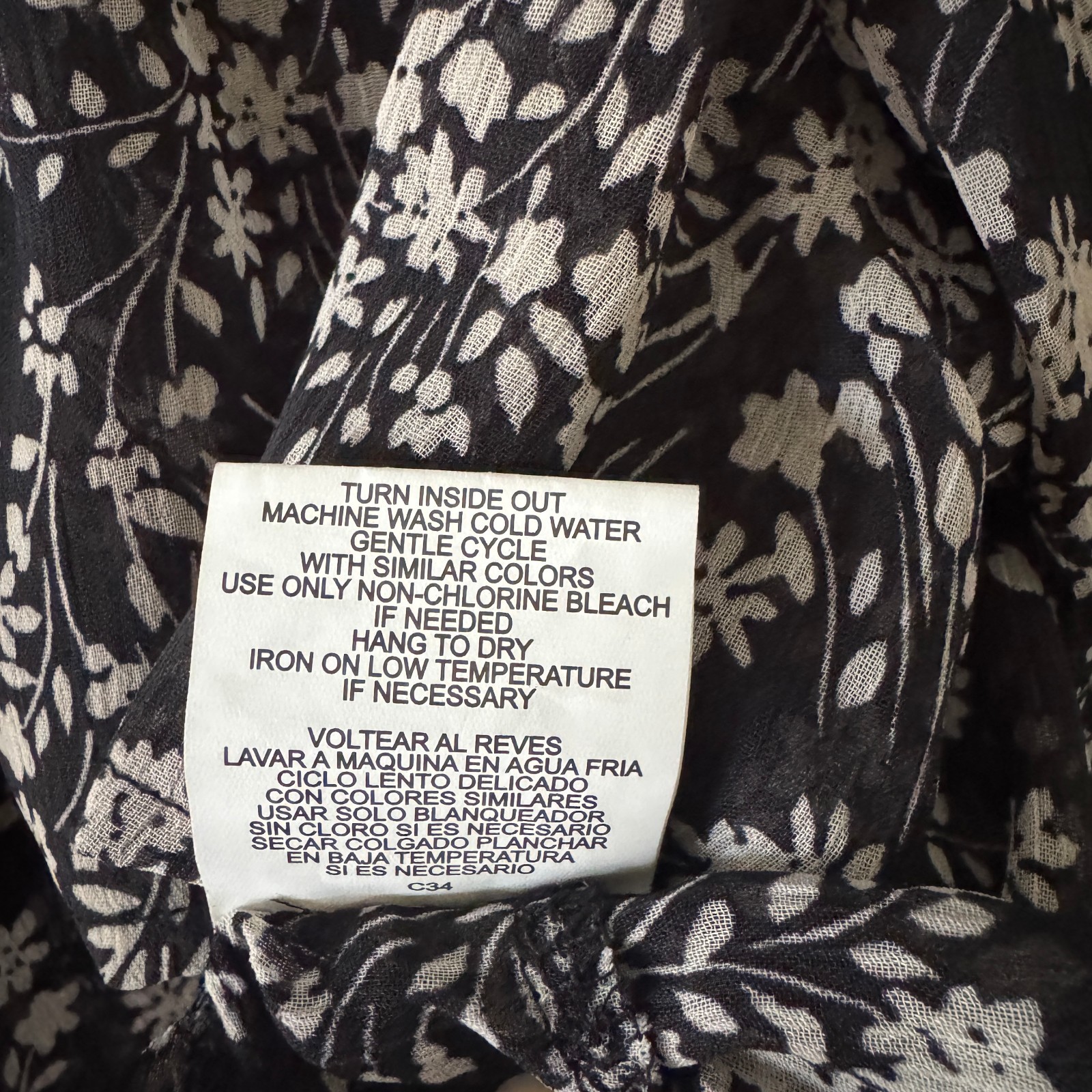 Floral Ruffle Smocked Neck Chiffon Top Black Floral Womens L Boho Fairy Cottage