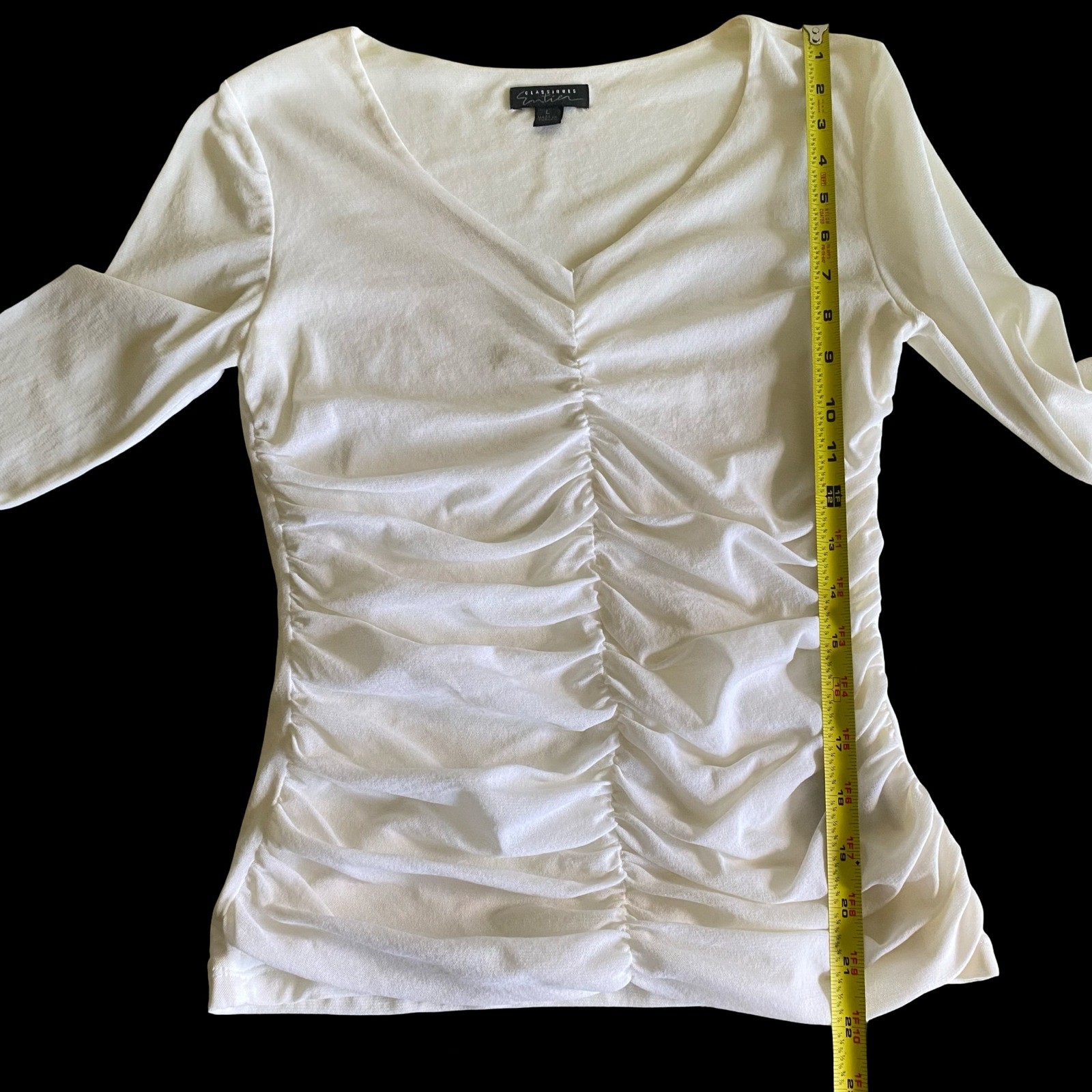 Classiques Entier White Ruched Top Size L Long Sleeve Stretch Balletcore