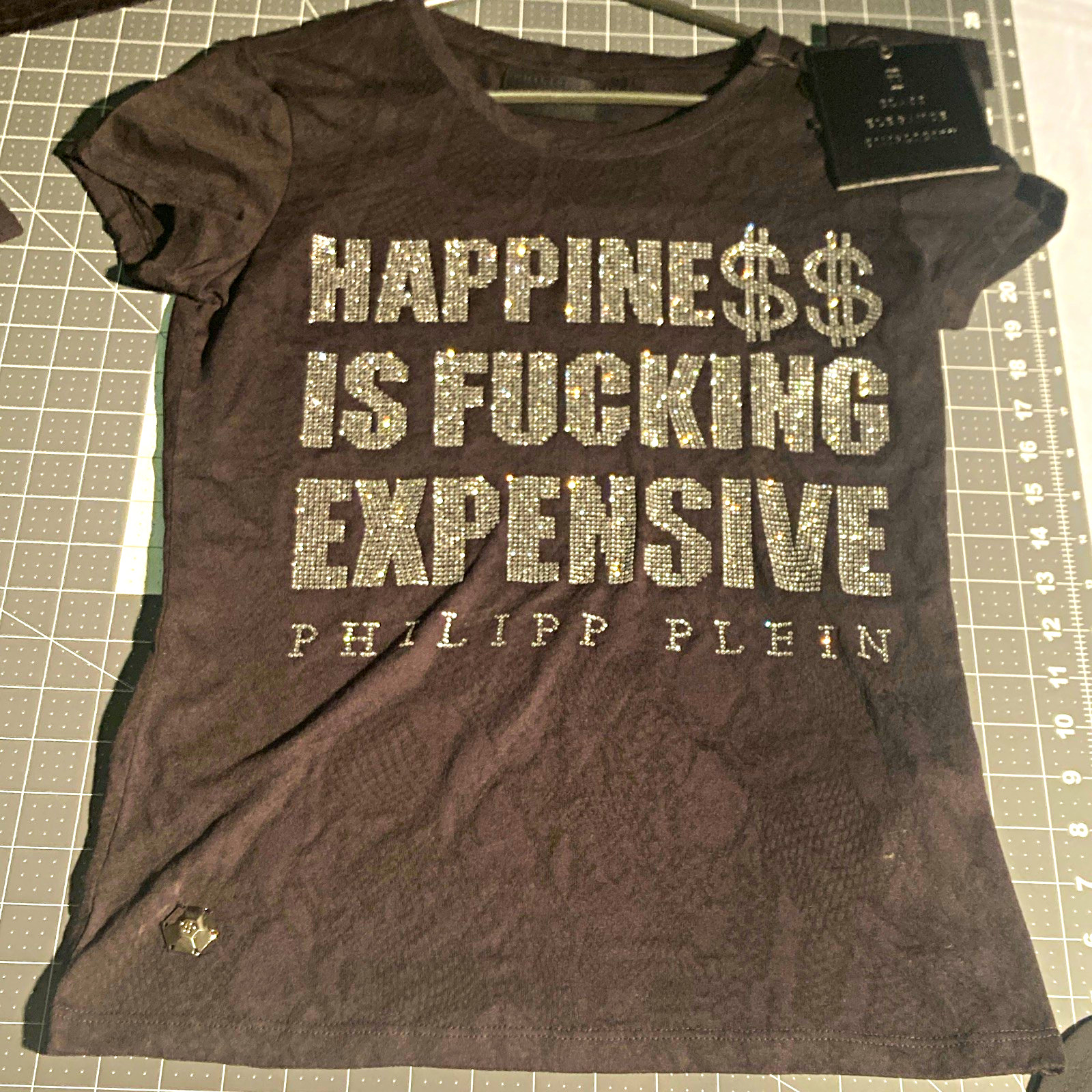 Philipp Plein Black Rhinestone Logo Slogan Round Neck SS T-Shirt Women S