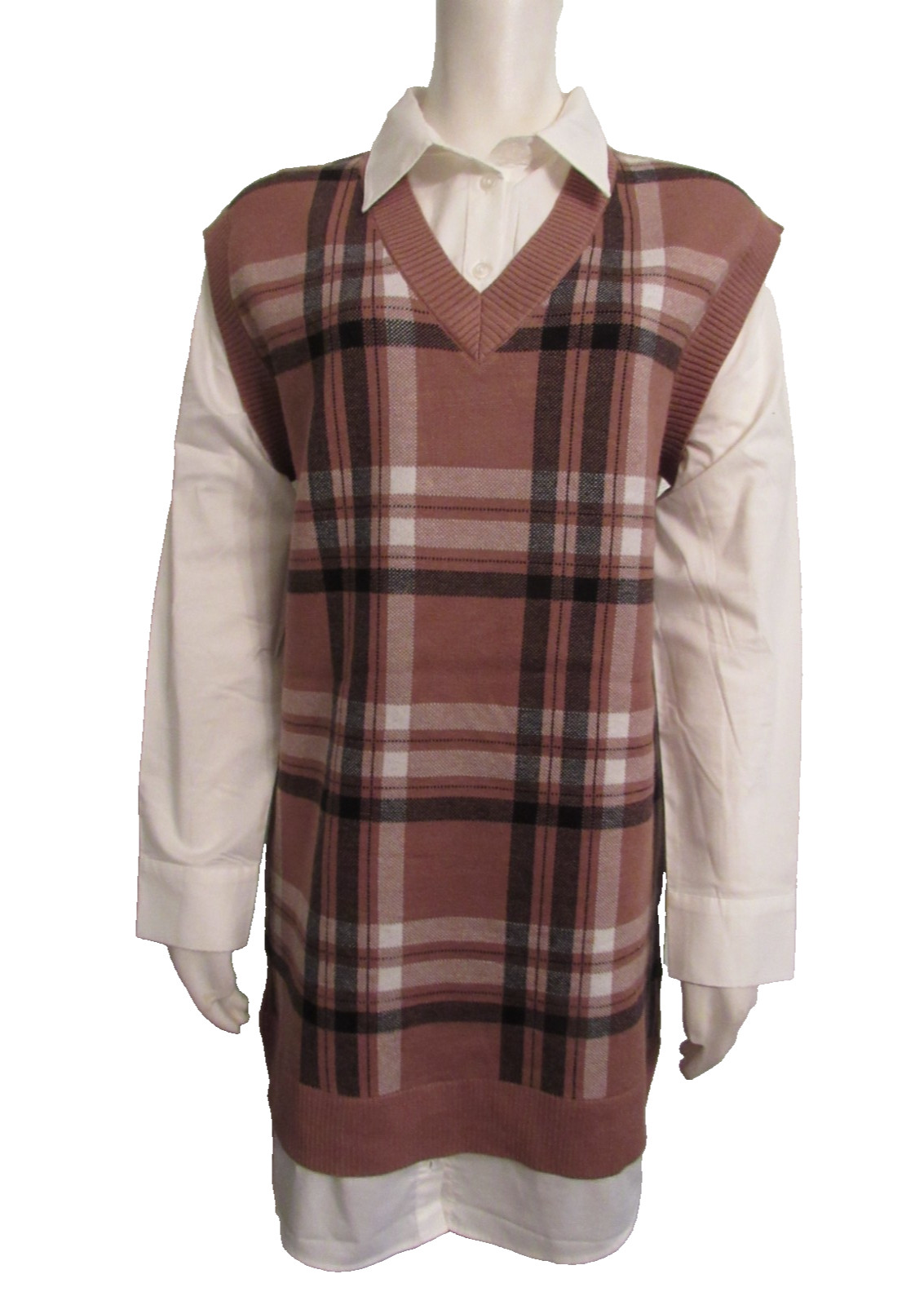 Jones New York Plaid 1-PC Sweater Vest Dress Shirt Women’s M Brown White NWOT