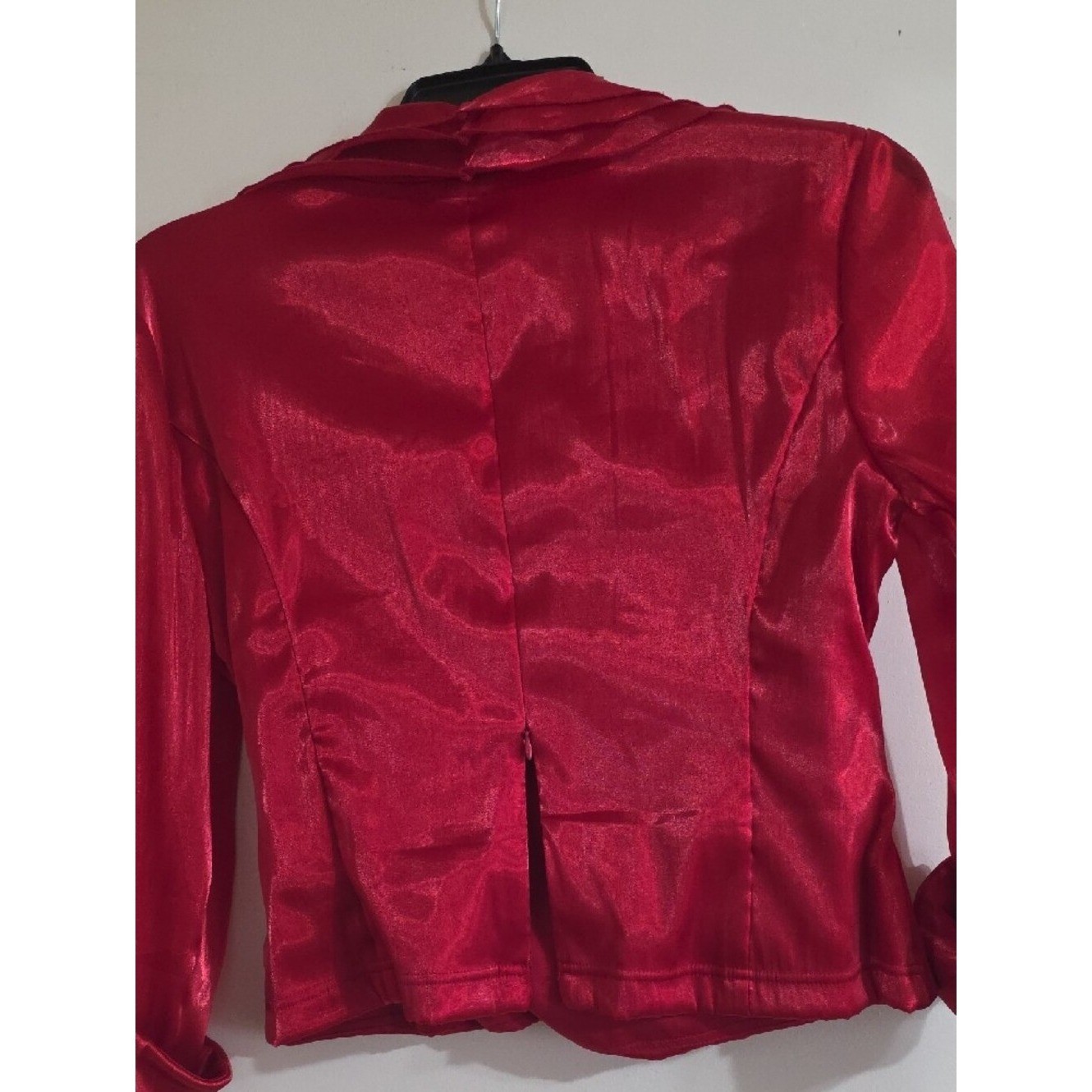 Cachet Red Velvet Look Wrap Blouse Draped Ruched Front Long Sleeve Dressy Top