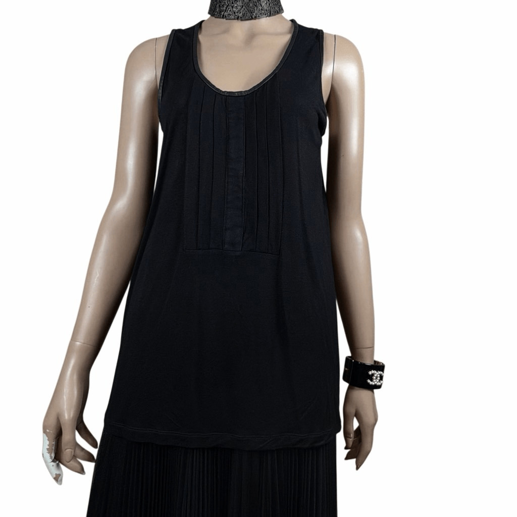 Givenchy Black Sleeveless Pleated Front Viscose Tunic Top Lambskin Trim Size M (