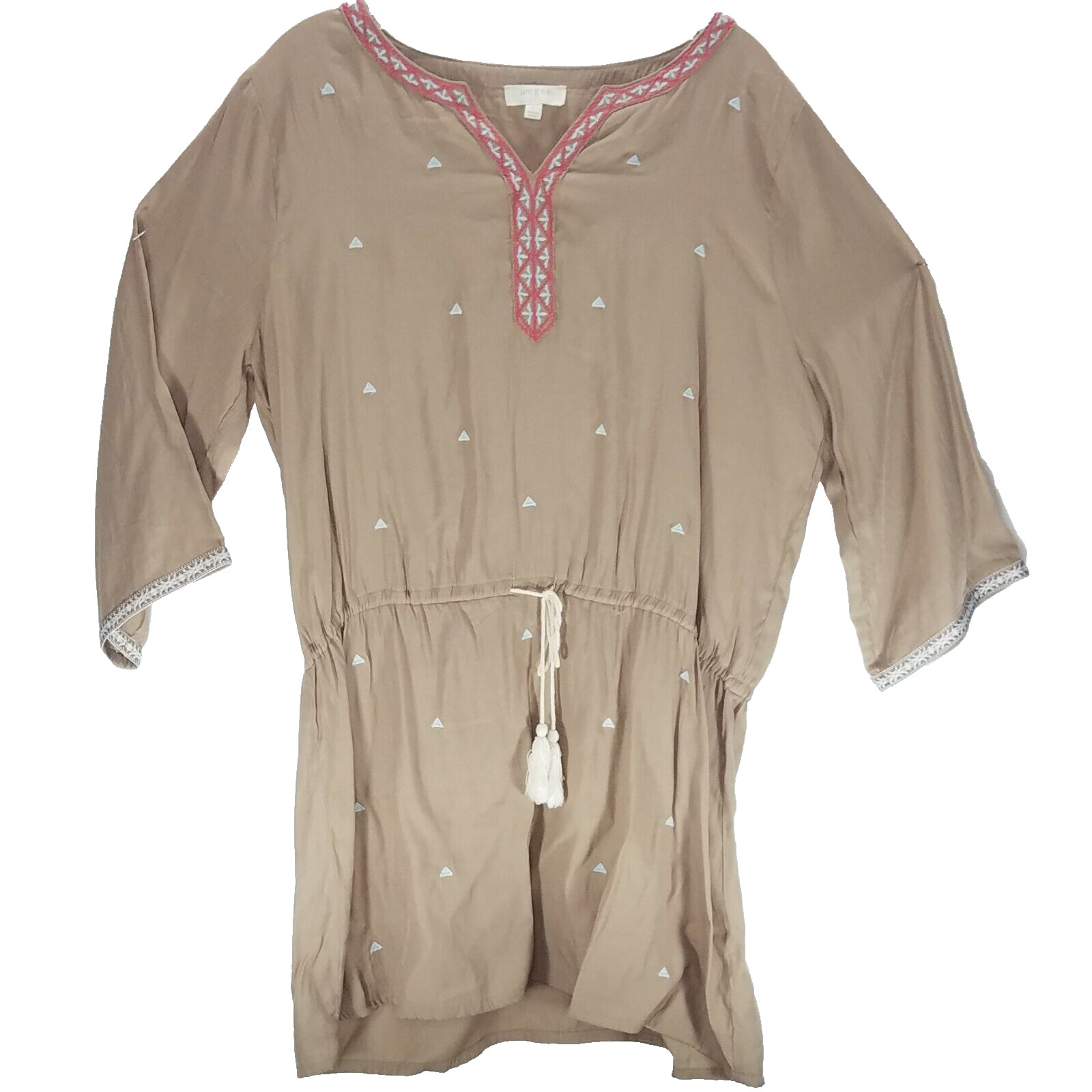 Umgee Women’s Tunic size Large moca sheer Shirt Skirt 3/4 sleeve native print
