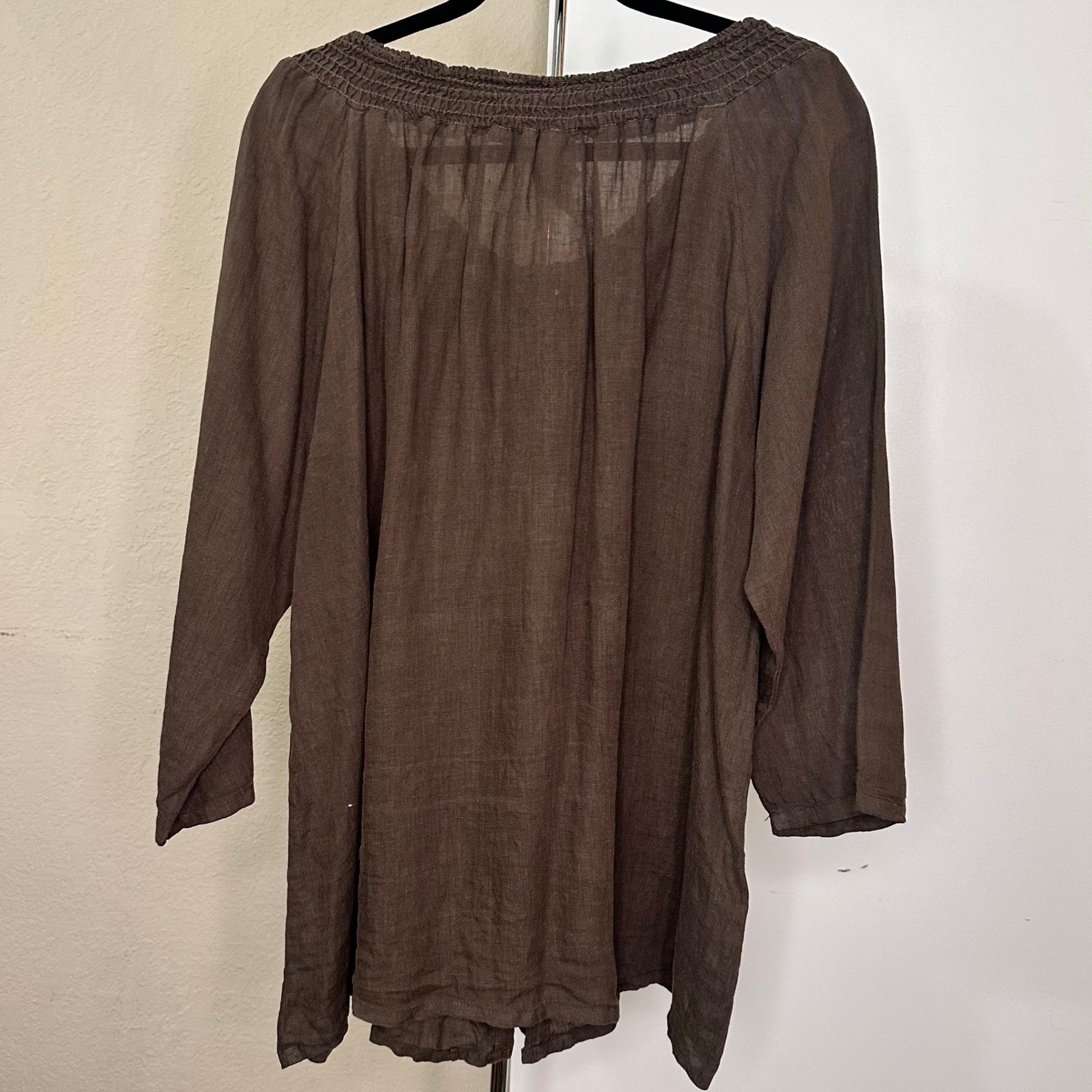 Match Point USA Brown 100% Linen Ruffle Smocked Neck Blouse Top Large