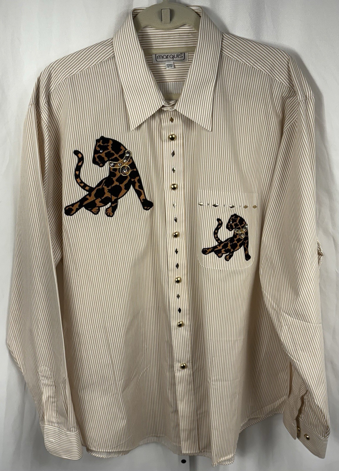 Artisan Designed Marquis Tan/White Striped Shirt Leopard Embroidery, 17.5 35/36