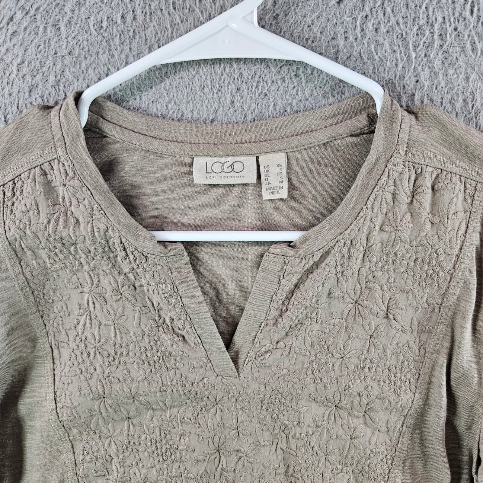 LOGO Lori Goldstein Women XS Taupe Embroidered Peplum Top Long Sleeve