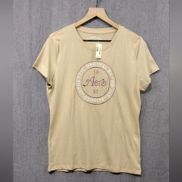 NWT Aero Classic Crew Embroidered Logo Tshirt Womens XL Tan Casual Retro 90s Y2K
