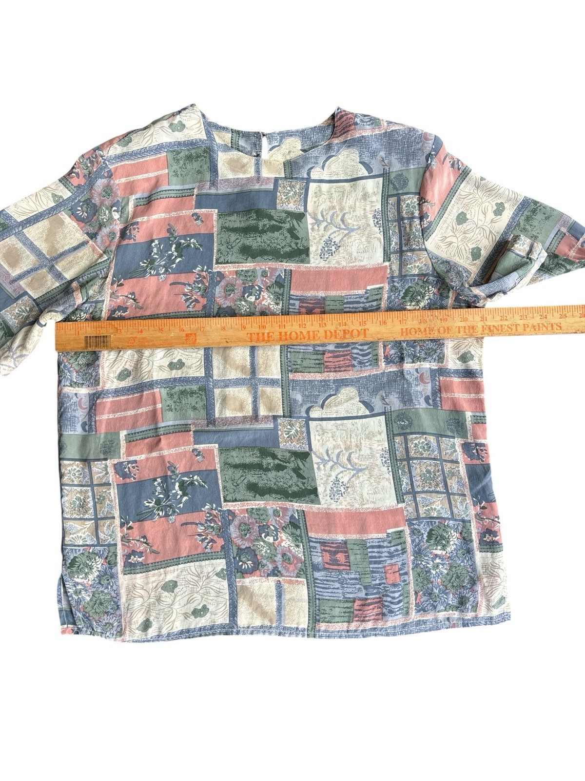 QUO-SILK Womens M Silk Floral Patchwork Keyhole Back Short Sleeve Cottagecore