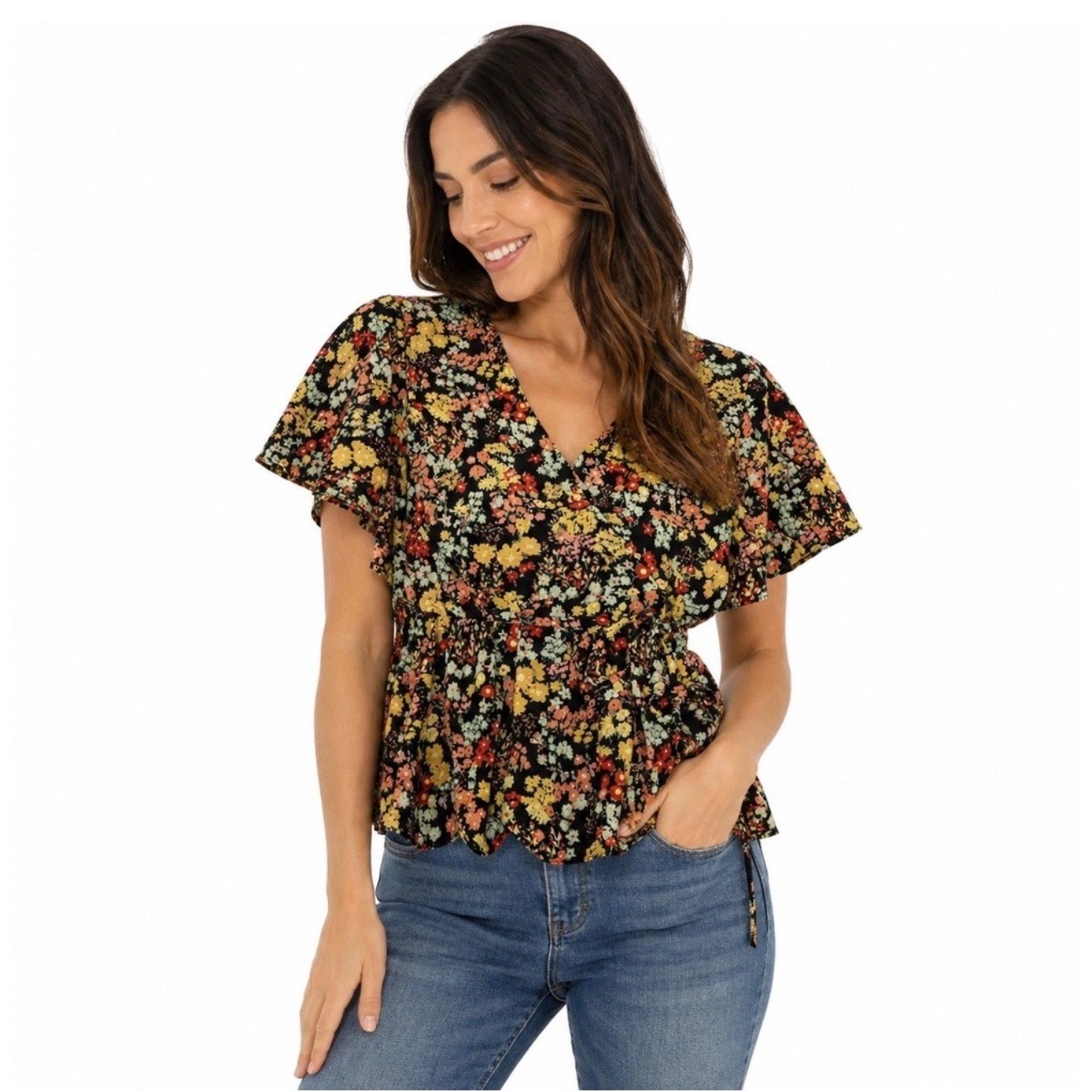 Madewell Flower Garden Faux Wrap Peplum Top Black Floral Dolman Sleeve XL