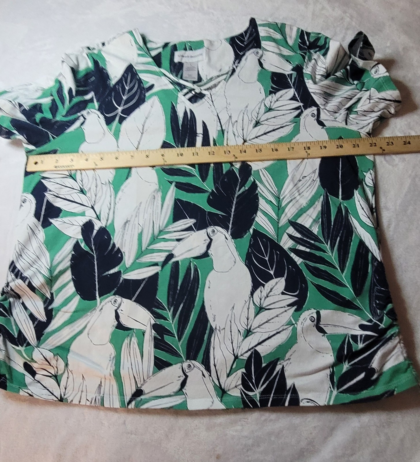 Alfred Dunner Green/White/Navy Toucan Tropical V-Neck Knit Top Short Sleeve L