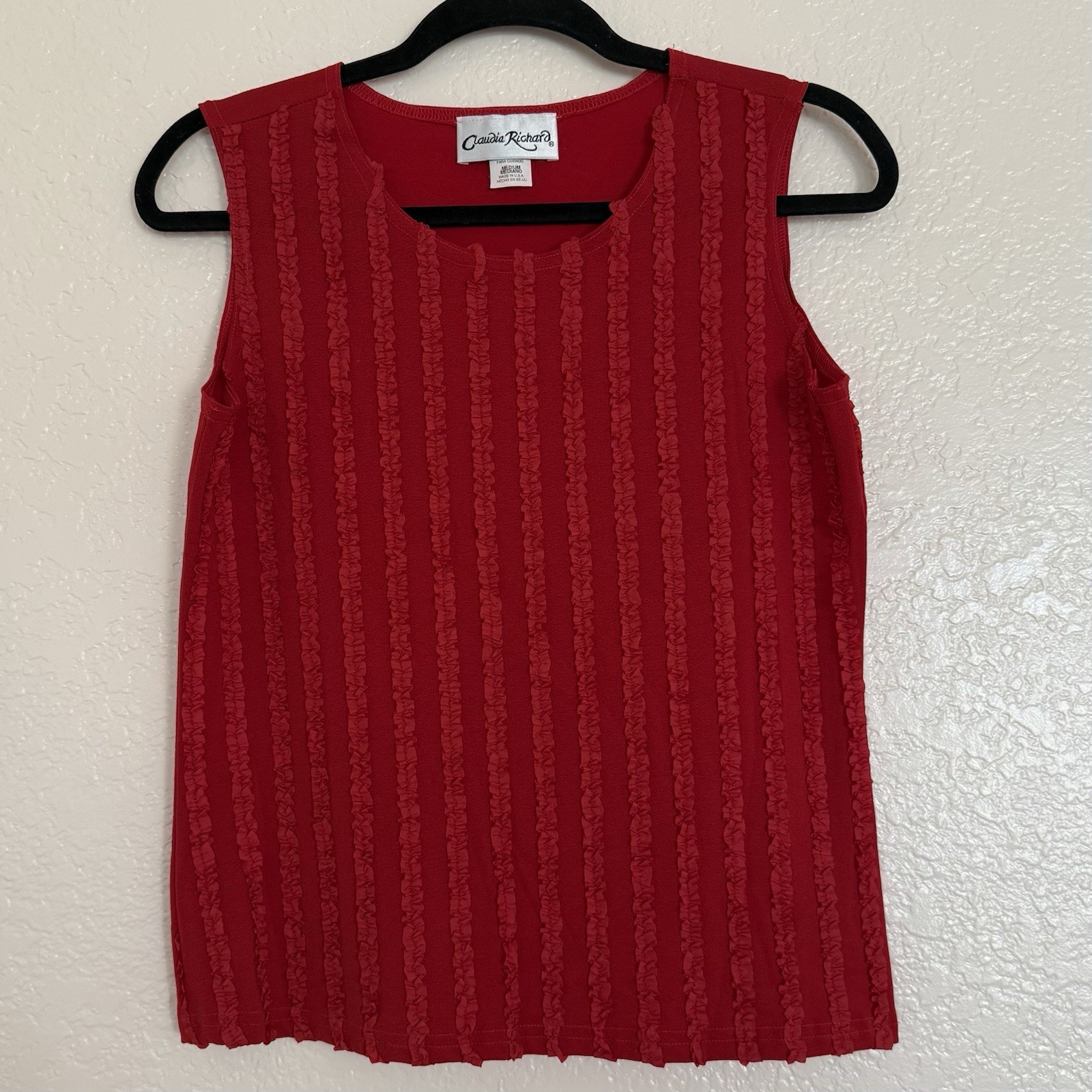 Claudia Richard Women’s Red Sleeveless Top Sz M Front Ruffle Accent Casual Party