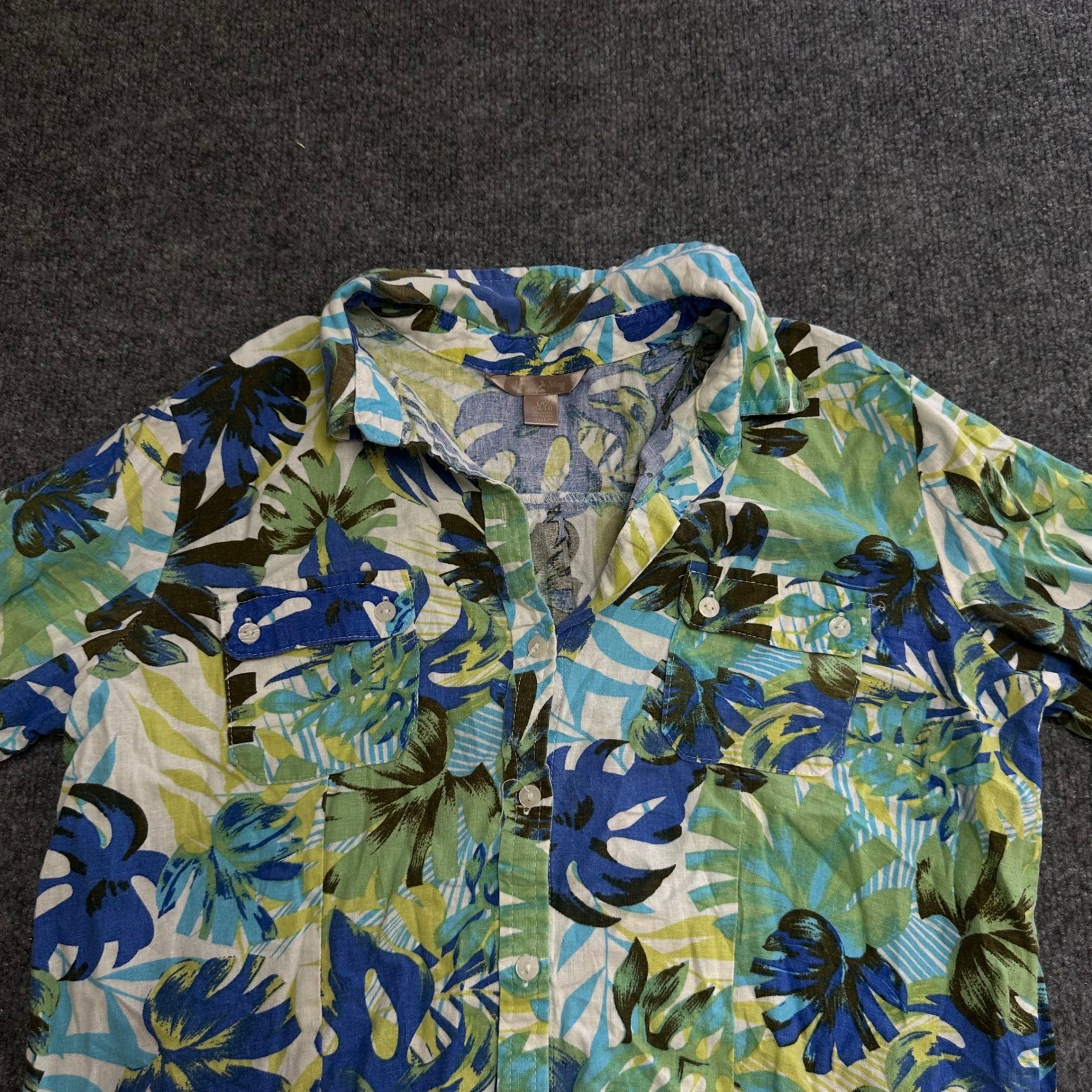 White Stag Button Down Womens Size L Linen Blend Blue Green Tropical Leaf Print