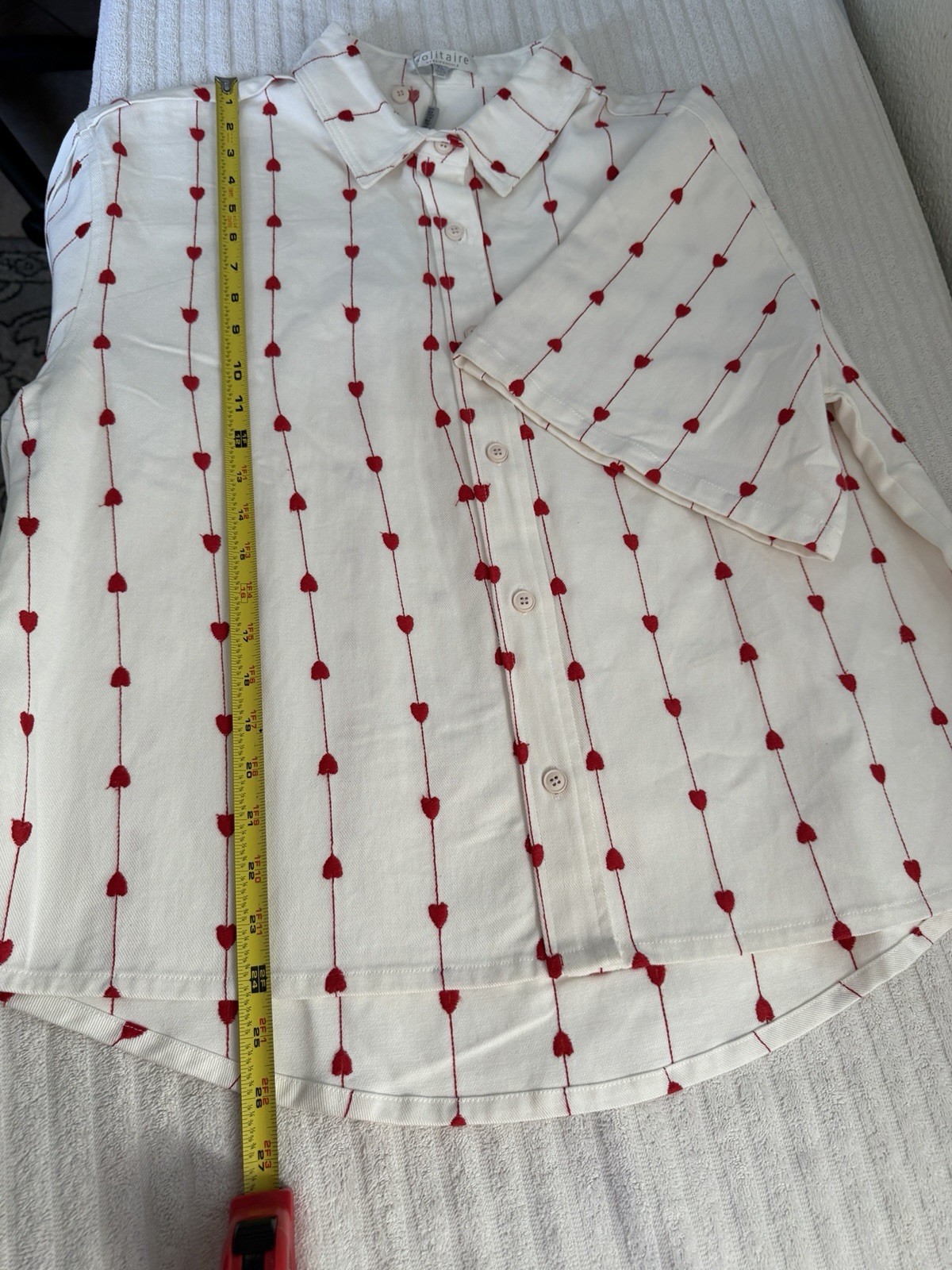Solitaire Womens White Red Heart Embroidered Button Down Shirt Top XL