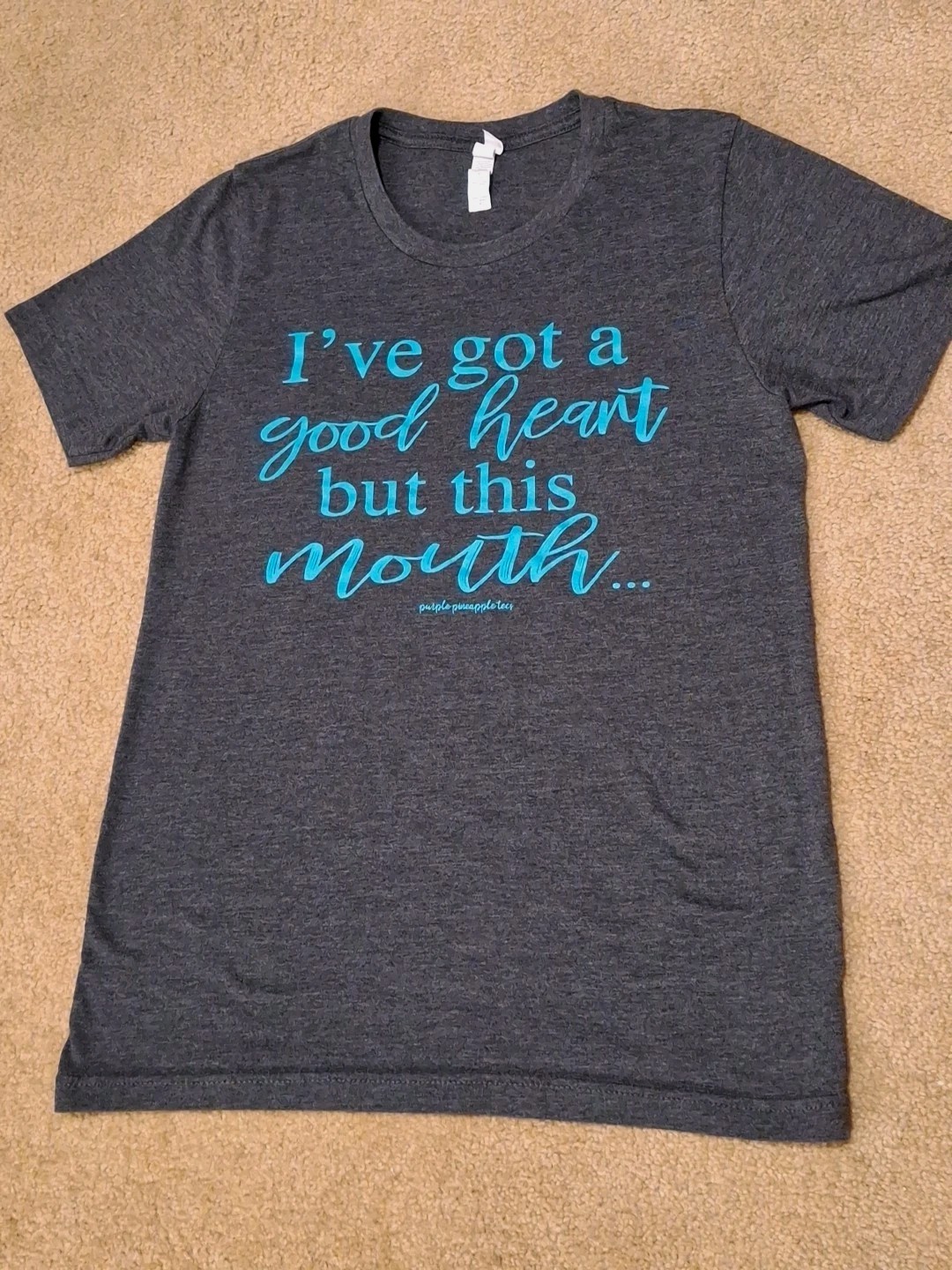 Women’s Custom Printed Humor Graphic Short Sleeve T-shirt Gray & Teal Size Small
