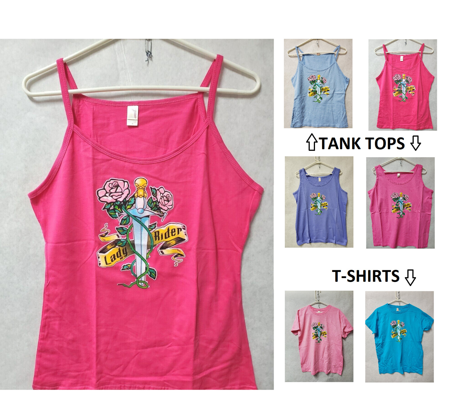 “LADY RIDER” Womens Ladies Shirt Sleeveless Tank Top T-Shirt Motorcycle Rose