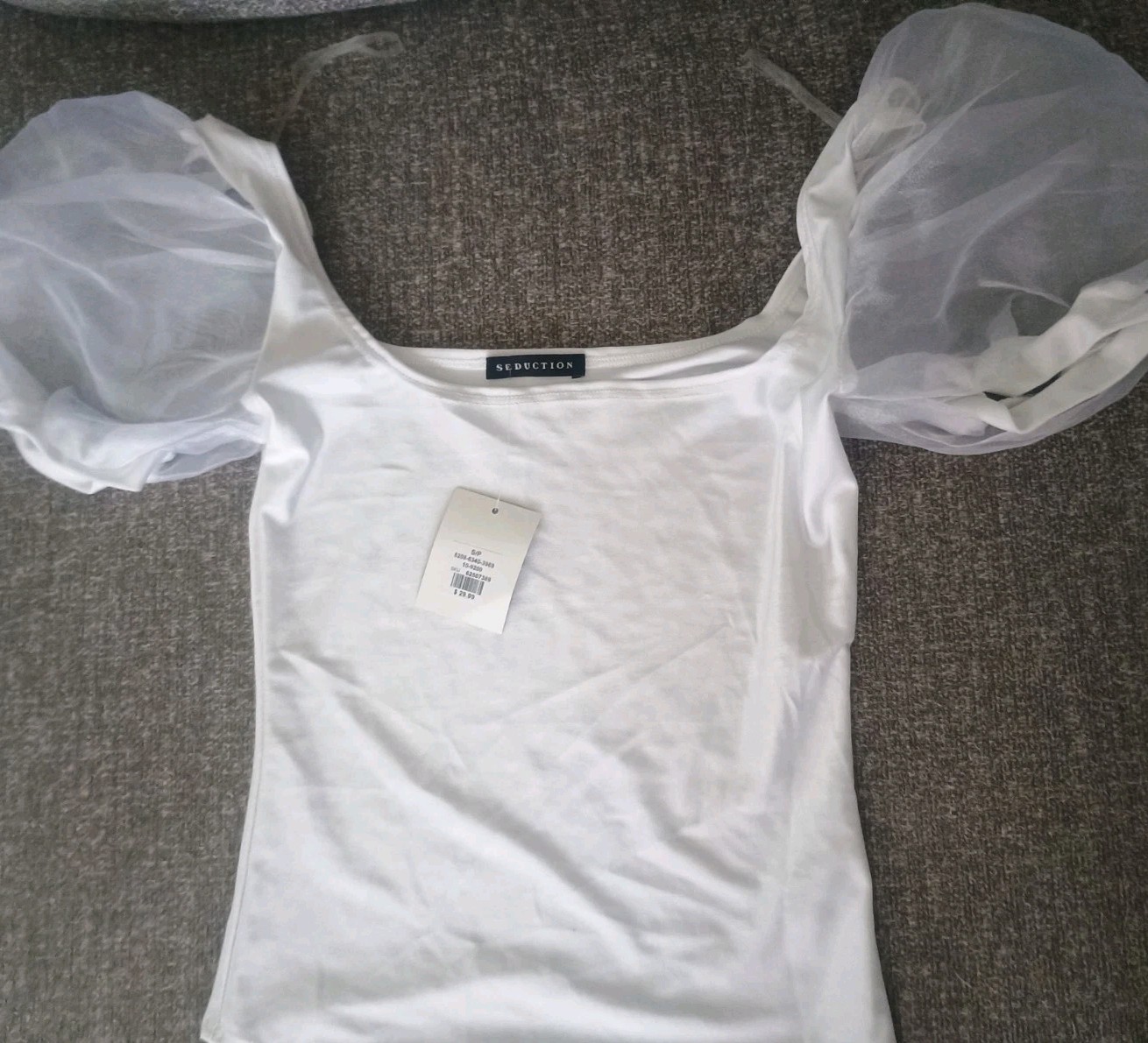 Top Women Small White Short Puff Sleeve Shirt Blouse Seduction Brand New w/ Tags