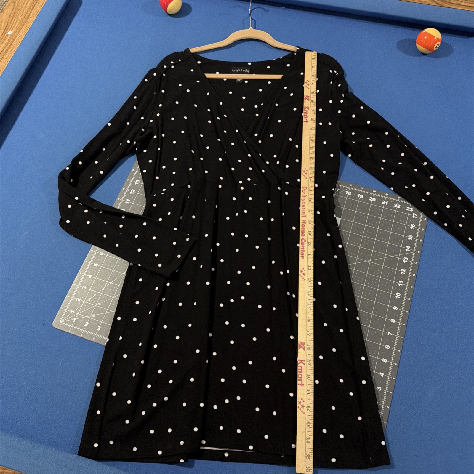 Long Tall Sally Top Size L Black / White Dot Faux Wrap Tunic V-Neck