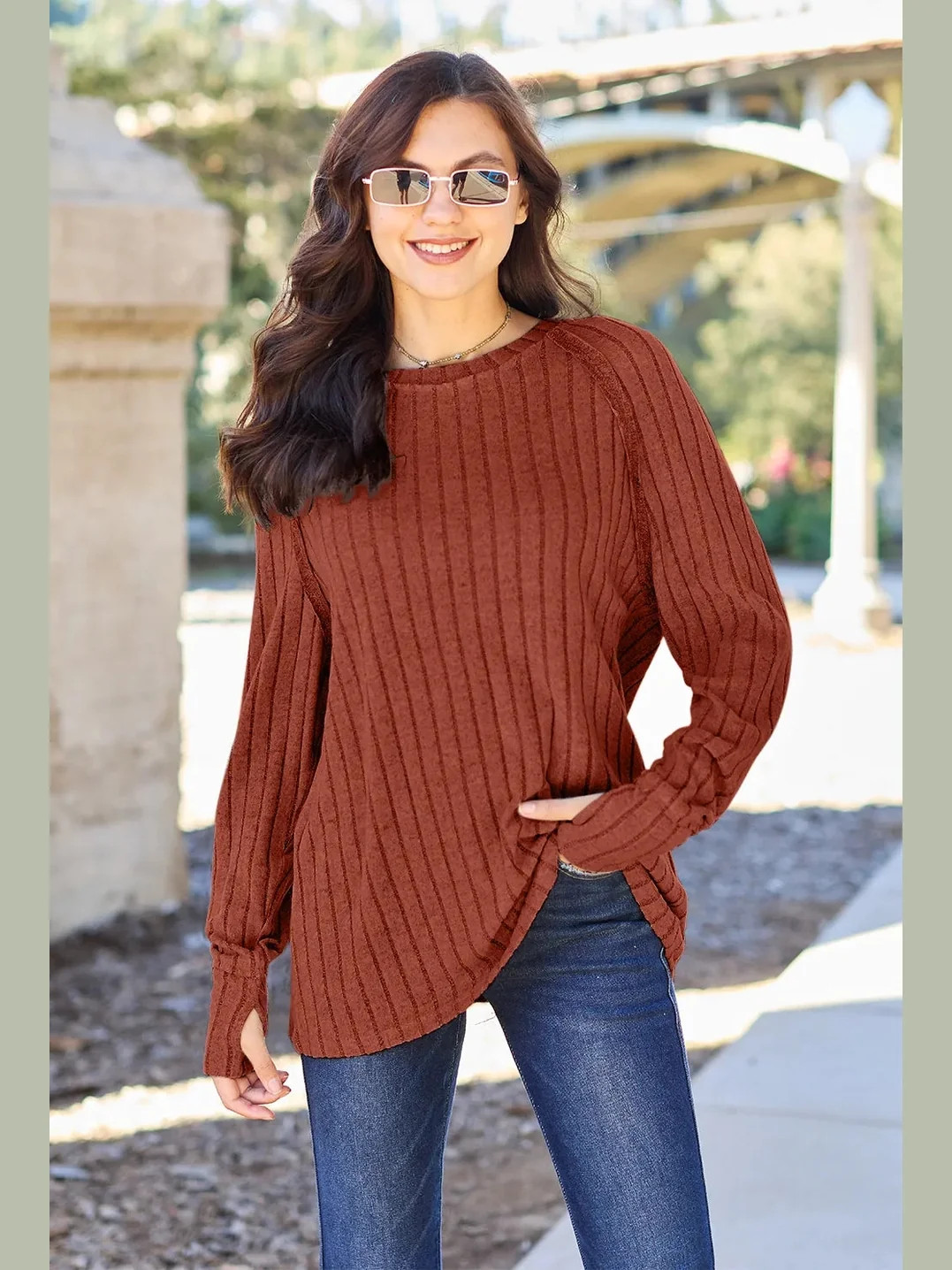 Basic Bae Full Size Ribbed Round Neck Long Sleeve Knit Top