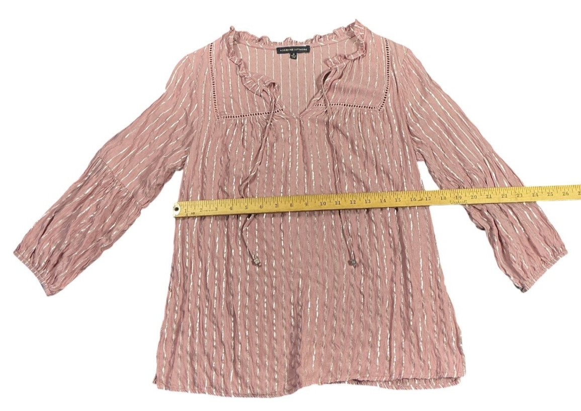 Adrienne Vittadini Top Womens Medium Pink Silver Metallic Stripe Peasant Blouse