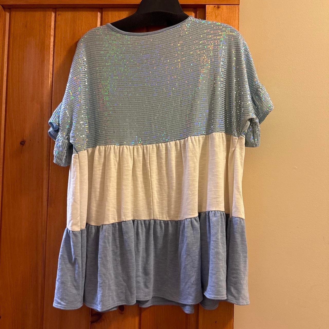 Curvy Boutique Blue & white sequin top with ruffles
