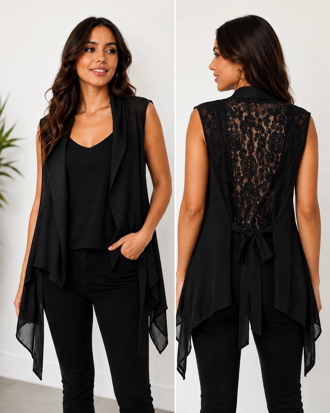 Black Open Front Chiffon Vest Lace Back Waterfall Drape Tie Waist Layering Top