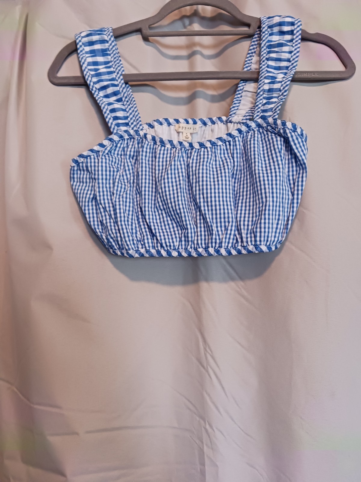 Copper Key Blue White Gingham Cropped Tank Wide Straps Ruffle Square Neck L