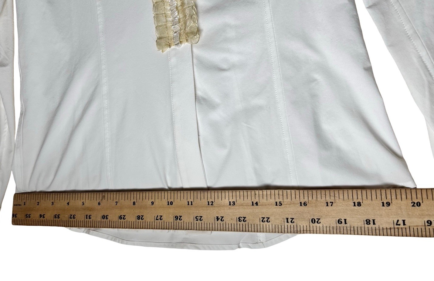 VTG Vertigo Paris Ruffle Front Button Up Blouse Sz L (M) White Long Sleeve READ