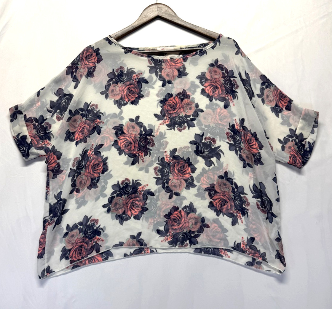 Vivace Sheer Blouse Top Womens L Multicolor Floral Print Cuff Sleeve Boat Neck