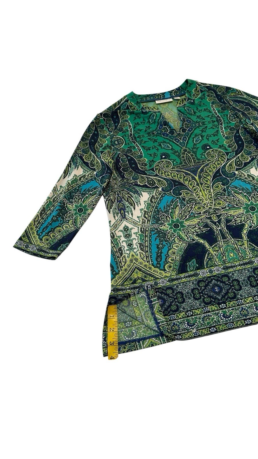 Susan Graver Floral Tunic Blouse Womens Small Green & Blue 3/4 Sleeves Summer