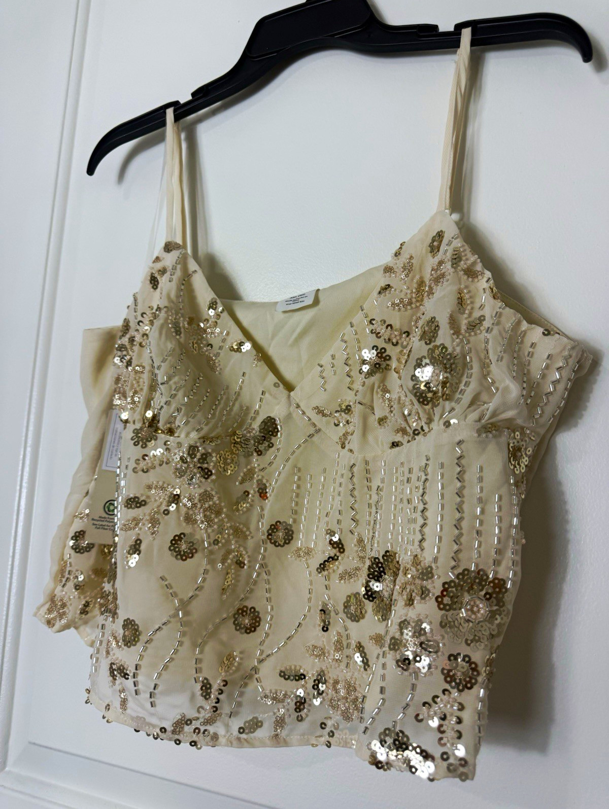No Boundaries Beige Chiffon Sequin Beaded Floral V-Neck Cami Tank XXL