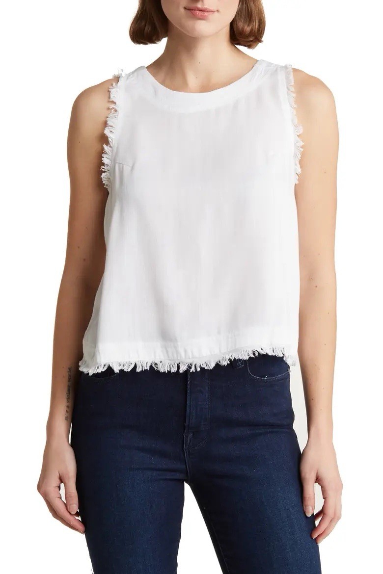 THREAD + SUPPLY White Solid Woven Crew Neck Fringe Hem Button Back Tank S