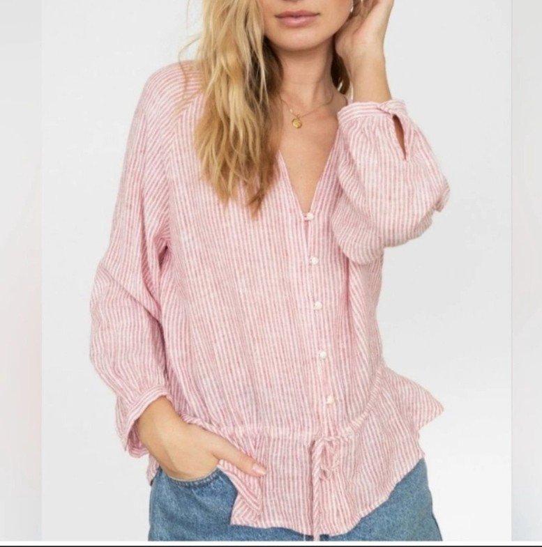 Rails Blouse Shirt! Medium Red White Striped Drawstring Linen Marti Scarlet