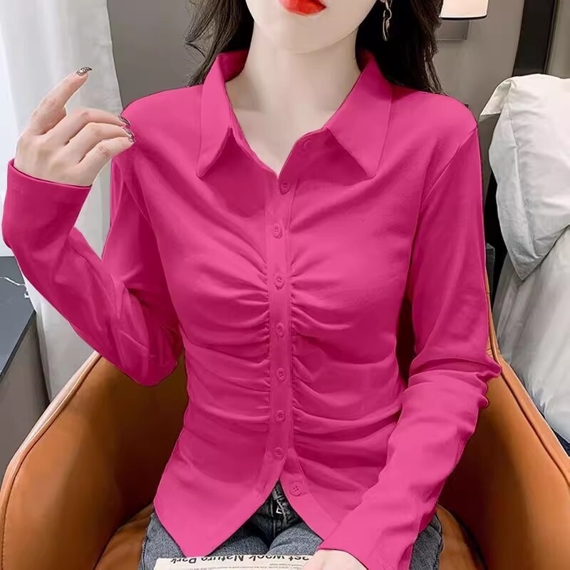 Women’s Single Breasted Lapel Collar Long Sleeves Pleated Shirt Slim Fit Tops