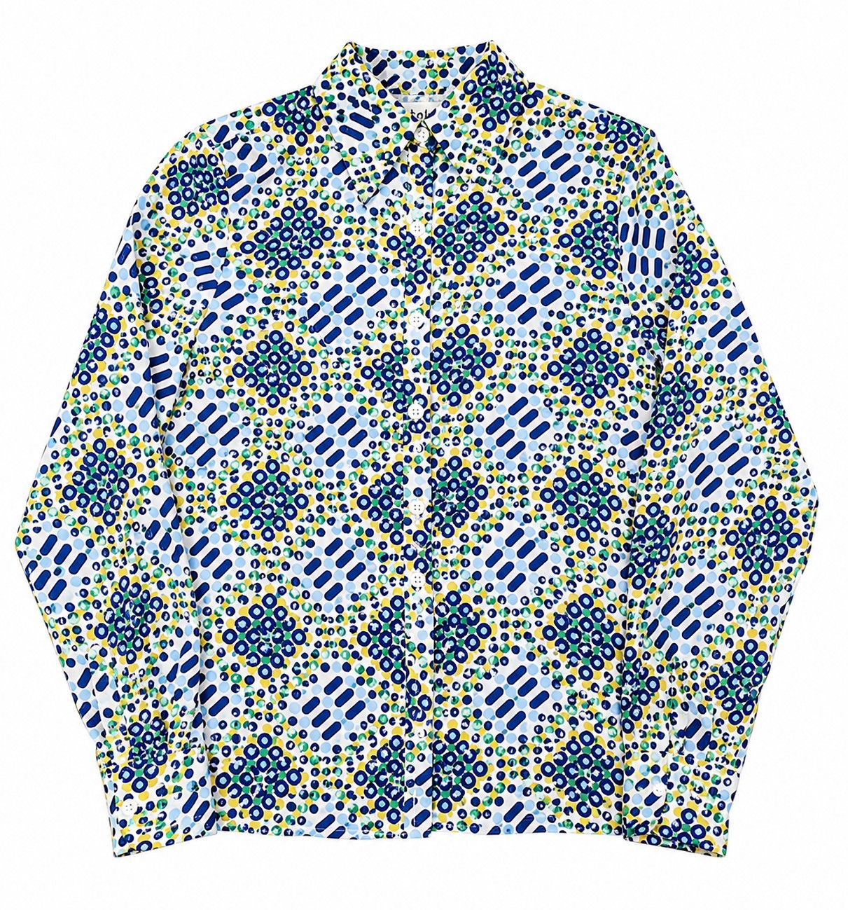 Vintage 70s Mod Geometric Blouse XL Blue Green Yellow Psychedelic Shirt
