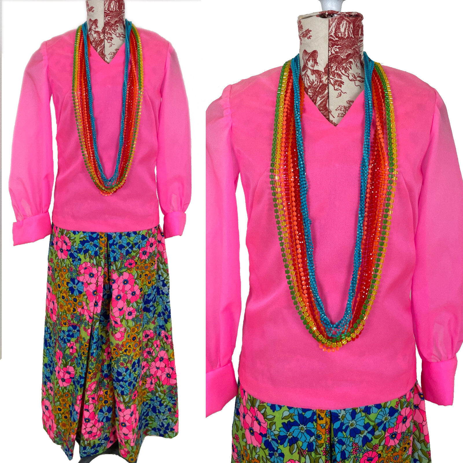 Vtg 60s 70s PSYCHEDELIC PINK BLOUSE Neon Bright Colorful Hippie Hostess Shirt XS