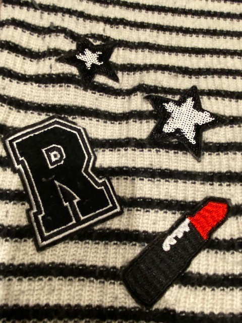 Used Rebecca Minkoff Sweater, Size Small, Stripes, Buttons, Patches, Sequins