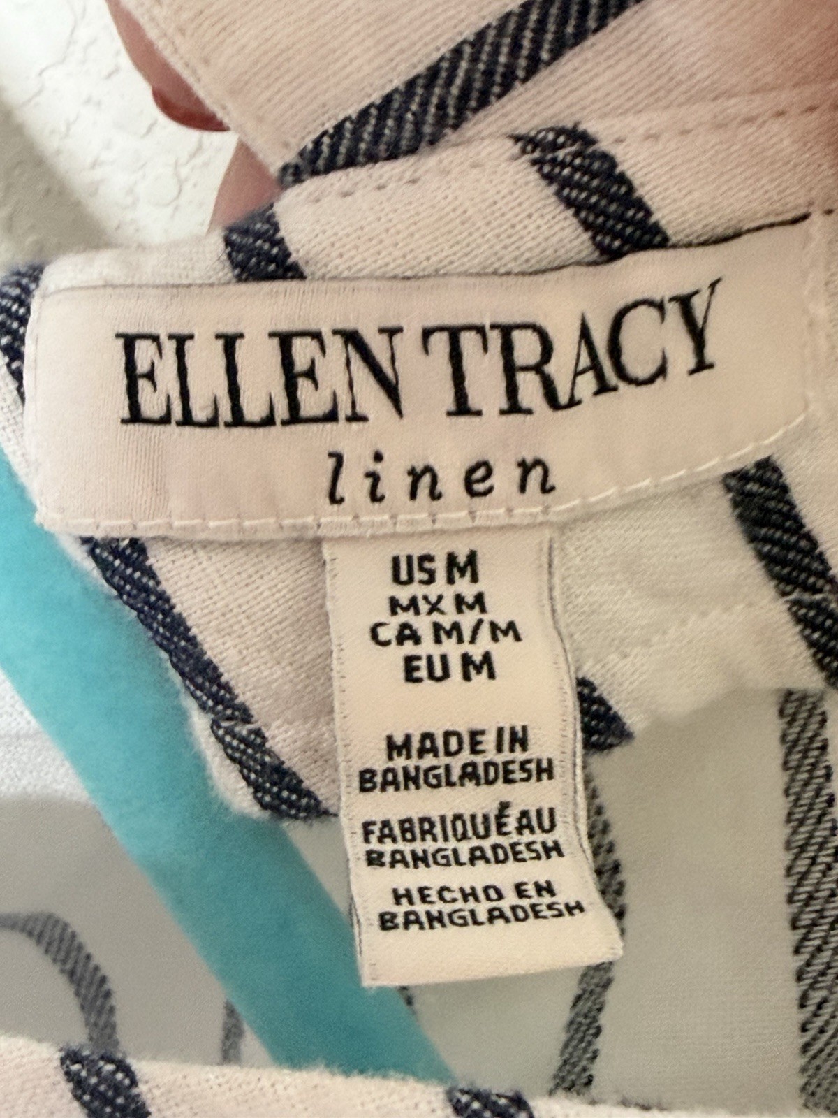 Ellen Tracy Linen Blend Striped Top M Coastal Boho Navy White Vacation Travel